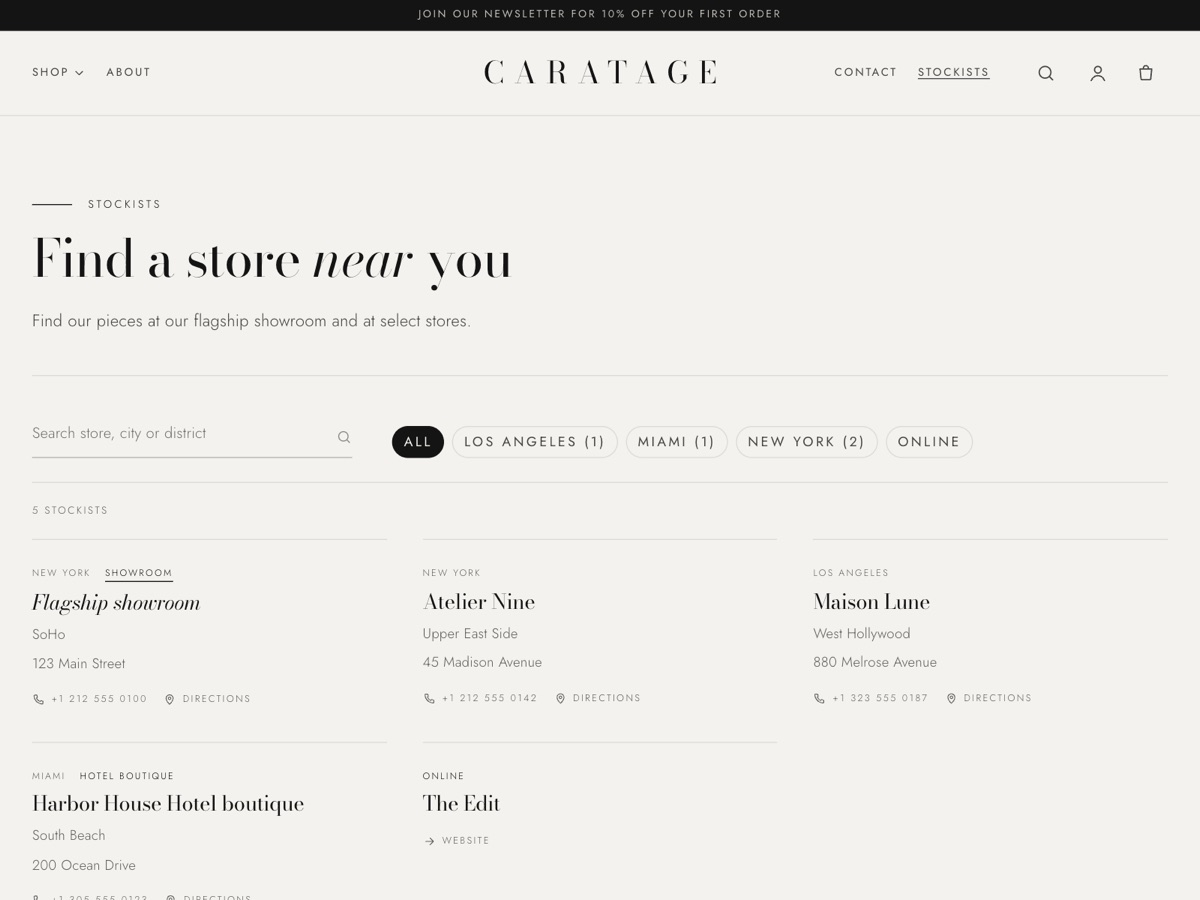 Store locator listing showrooms and boutiques with city filters